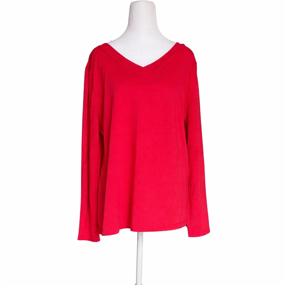 NWT T by Talbots Red Cotton Blend Textured V-Neck Pullover Top Women's‎ Size XL